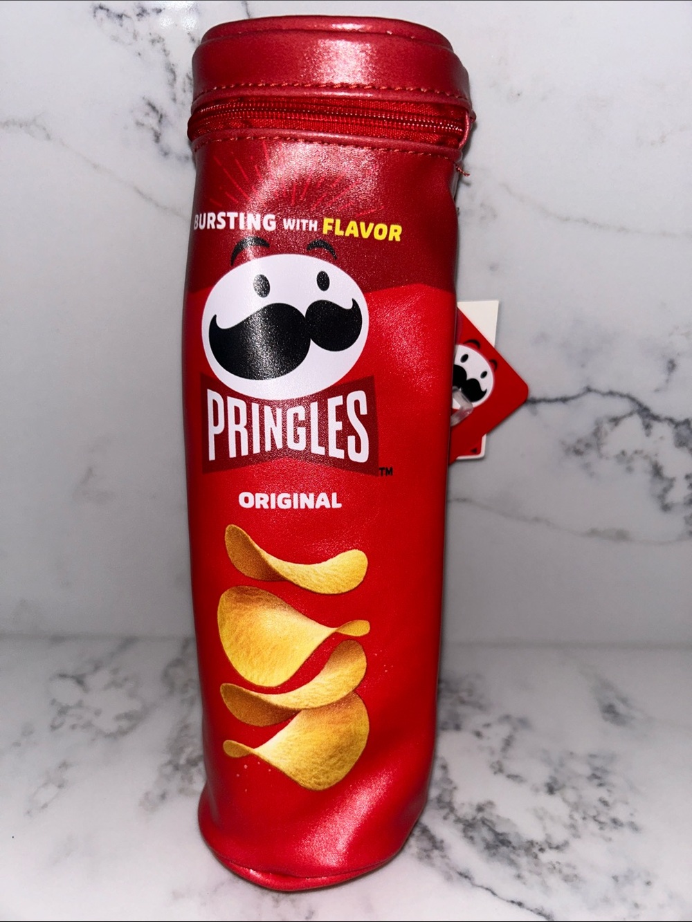 Pringle Red Cylindrical Zippered Pencil Case with Chip Graphic